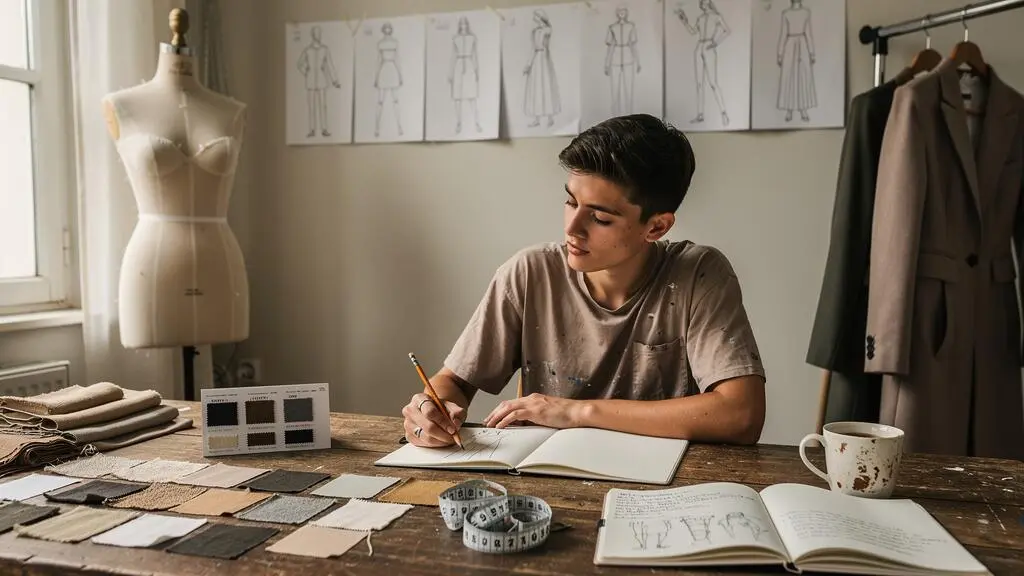 Une personne dessinant un croquis de vêtement dans un carnet, entourée d'échantillons de tissus et d'un mannequin de couture dans un petit atelier.