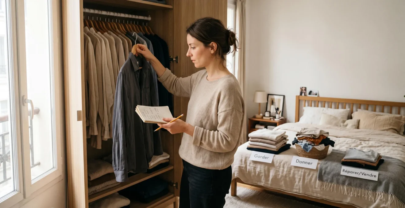 Une femme trie les vêtements de son armoire en trois piles sur son lit et note ses observations pendant un audit de garde-robe.