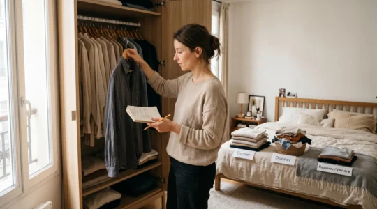 Une femme trie les vêtements de son armoire en trois piles sur son lit et note ses observations pendant un audit de garde-robe.
