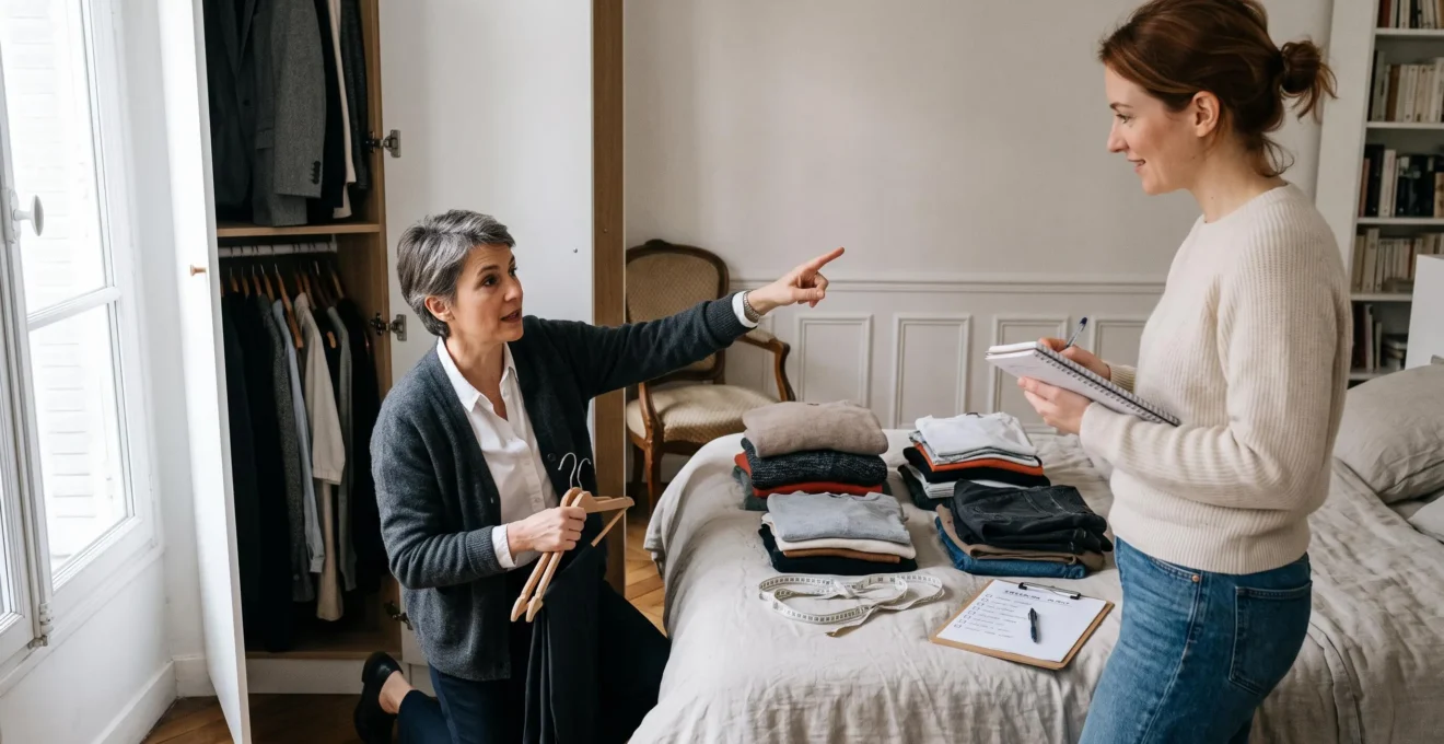Une conseillère en image trie des vêtements dans une armoire devant sa cliente assise avec un carnet lors d'un audit de garde-robe à domicile.