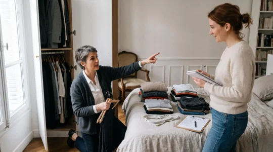 Une conseillère en image trie des vêtements dans une armoire devant sa cliente assise avec un carnet lors d'un audit de garde-robe à domicile.