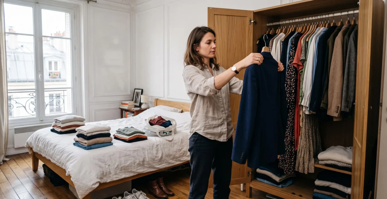 Une femme audite sa garde-robe devant un dressing ouvert, un blazer au bout du cintre, comparant la pièce aux vêtements suspendus.