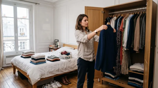Une femme audite sa garde-robe devant un dressing ouvert, un blazer au bout du cintre, comparant la pièce aux vêtements suspendus.