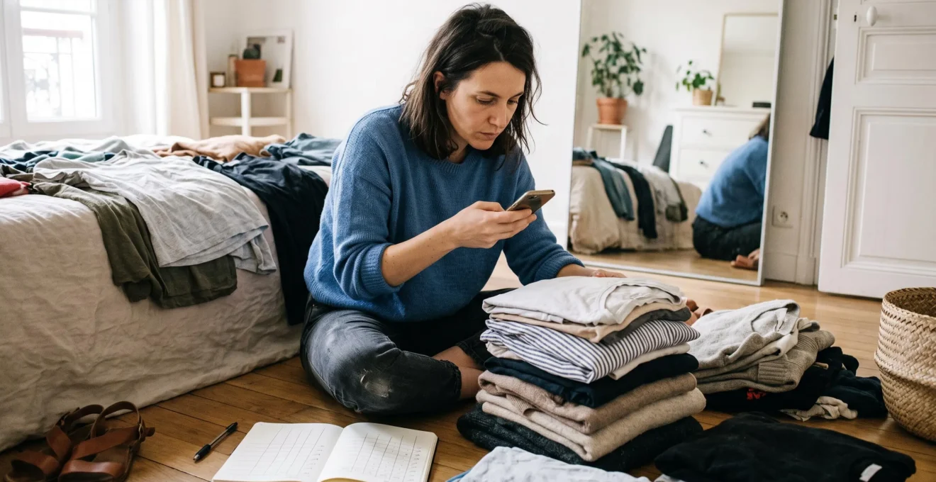 Une femme assise dans sa chambre photographie avec son smartphone une pile de vêtements portés, un carnet ouvert à côté d'elle, pour réaliser son auto-diagnostic de style.