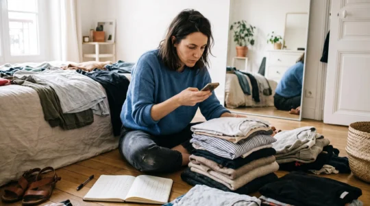 Une femme assise dans sa chambre photographie avec son smartphone une pile de vêtements portés, un carnet ouvert à côté d'elle, pour réaliser son auto-diagnostic de style.