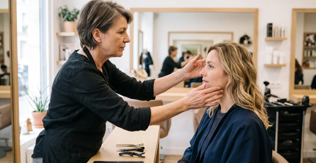 Une coiffeuse évalue la forme du visage d'une cliente assise dans un salon de coiffure lumineux en encadrant sa mâchoire avec les mains.