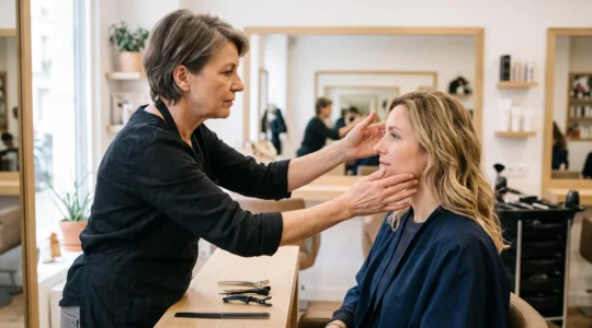 Une coiffeuse évalue la forme du visage d'une cliente assise dans un salon de coiffure lumineux en encadrant sa mâchoire avec les mains.