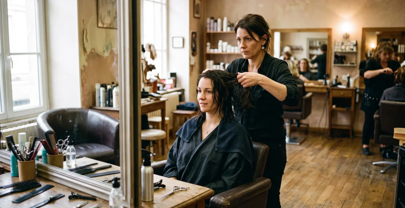 Une coiffeuse forme avec ses mains une mèche de cheveux de sa cliente assise devant le miroir d'un salon de coiffure, en lumière naturelle.