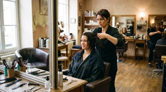 Une coiffeuse forme avec ses mains une mèche de cheveux de sa cliente assise devant le miroir d'un salon de coiffure, en lumière naturelle.