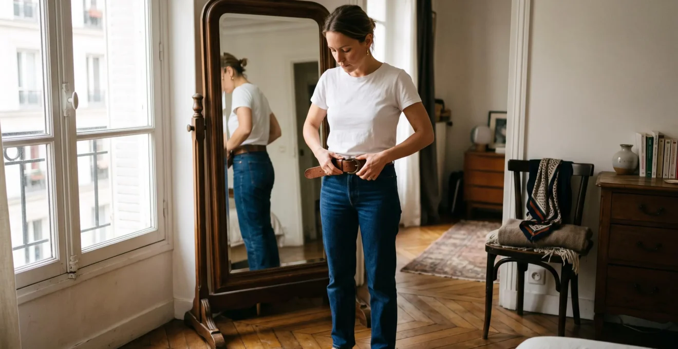 Une femme attache une ceinture en cuir sur une tenue simple face à un miroir dans une chambre lumineuse.