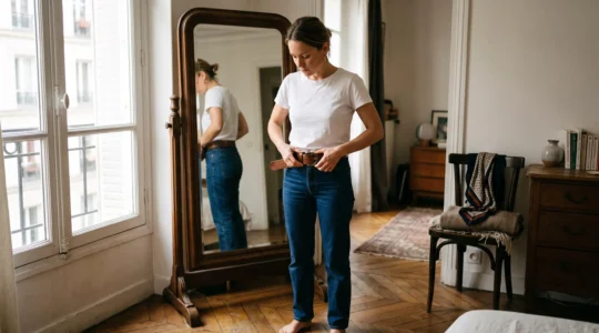 Une femme attache une ceinture en cuir sur une tenue simple face à un miroir dans une chambre lumineuse.