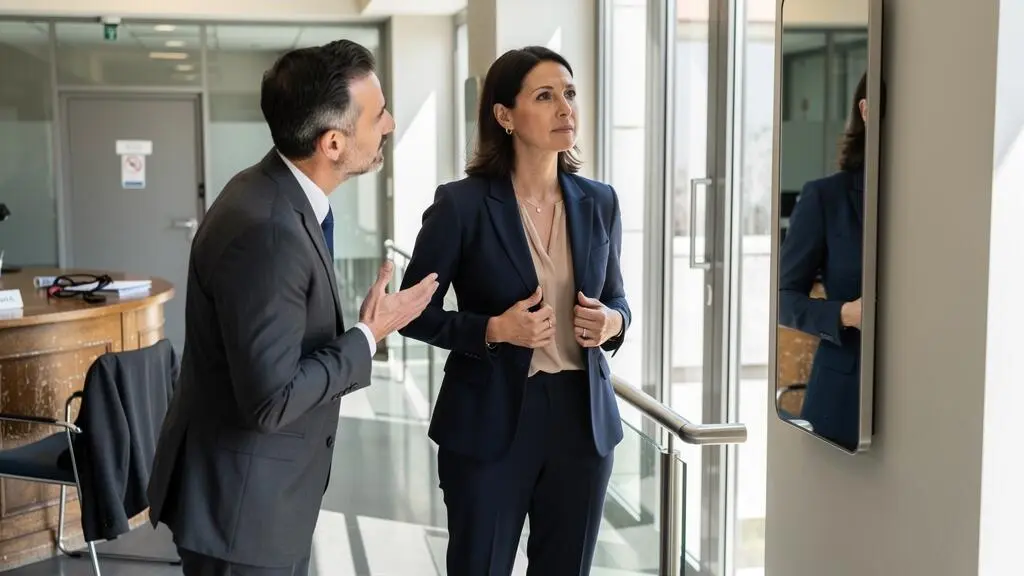Une femme en blazer ajuste sa posture devant un miroir dans un hall de bureau, pendant qu'une collègue lui fait une remarque avant une réunion.