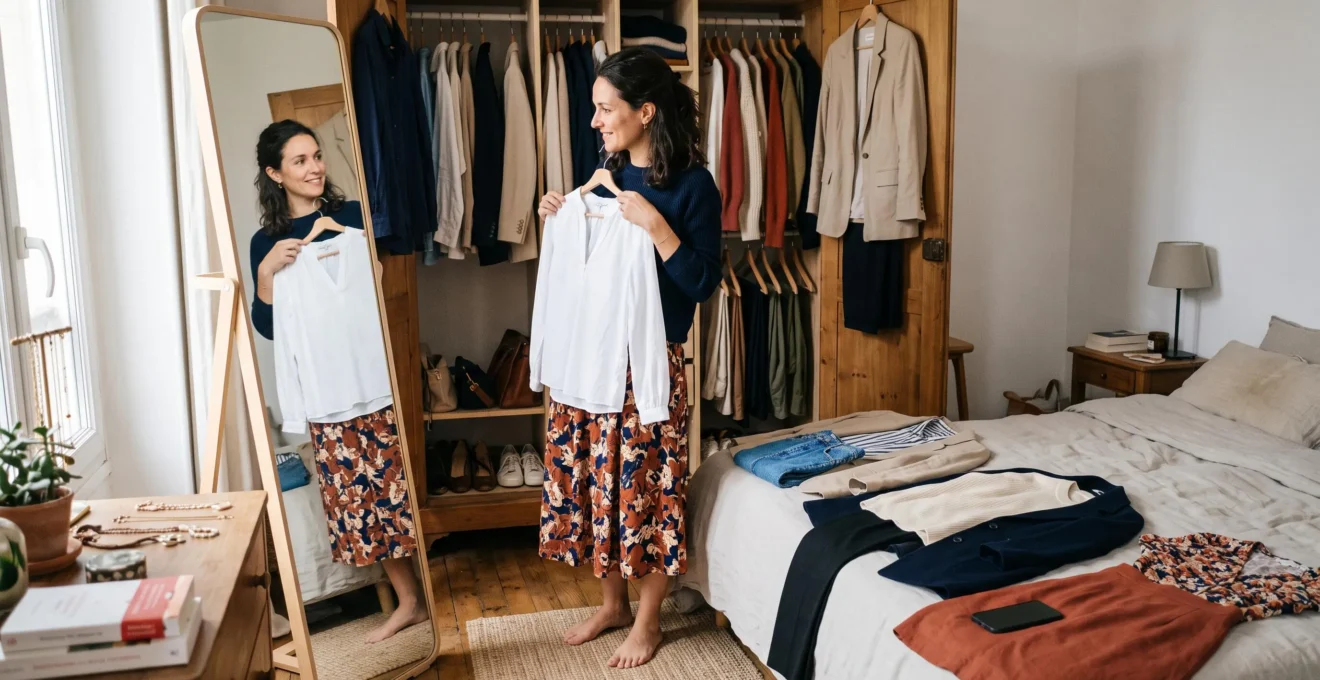Une femme assemble des tenues devant son armoire ouverte en comparant un haut neutre avec une jupe colorée, trois ensembles préparés posés sur le lit à côté d'elle.