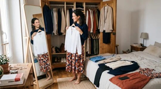 Une femme assemble des tenues devant son armoire ouverte en comparant un haut neutre avec une jupe colorée, trois ensembles préparés posés sur le lit à côté d'elle.