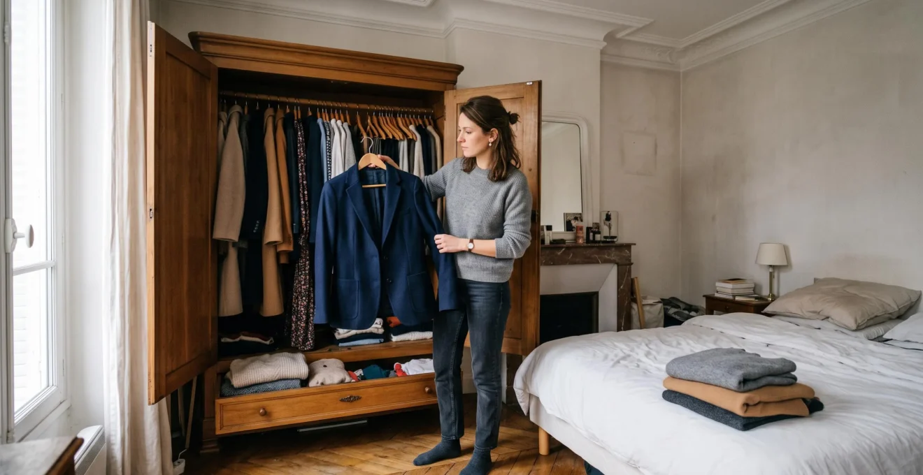 Une femme tient un blazer bleu marine contre les vêtements suspendus de son armoire ouverte pour vérifier les associations possibles.