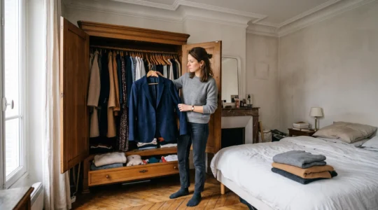 Une femme tient un blazer bleu marine contre les vêtements suspendus de son armoire ouverte pour vérifier les associations possibles.