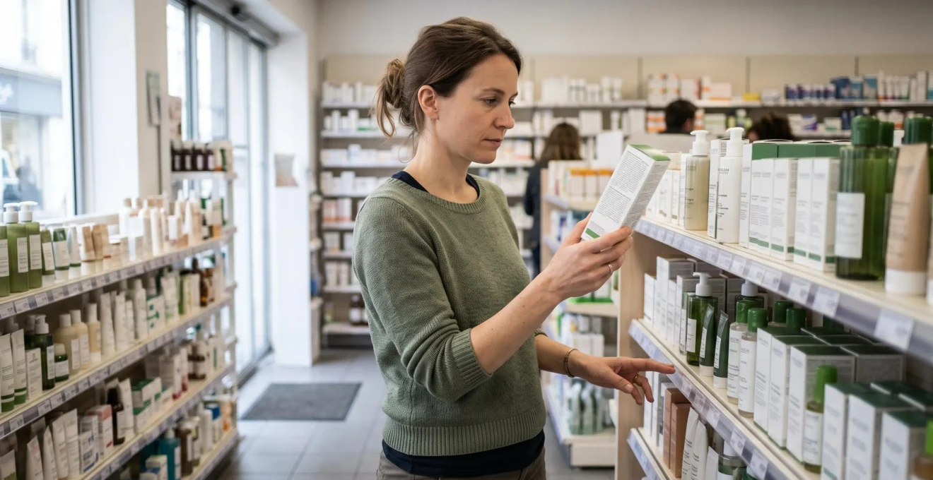 Une femme lit l'étiquette au dos d'un produit de beauté dans le rayon d'une parapharmacie.
