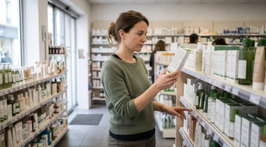 Une femme lit l'étiquette au dos d'un produit de beauté dans le rayon d'une parapharmacie.
