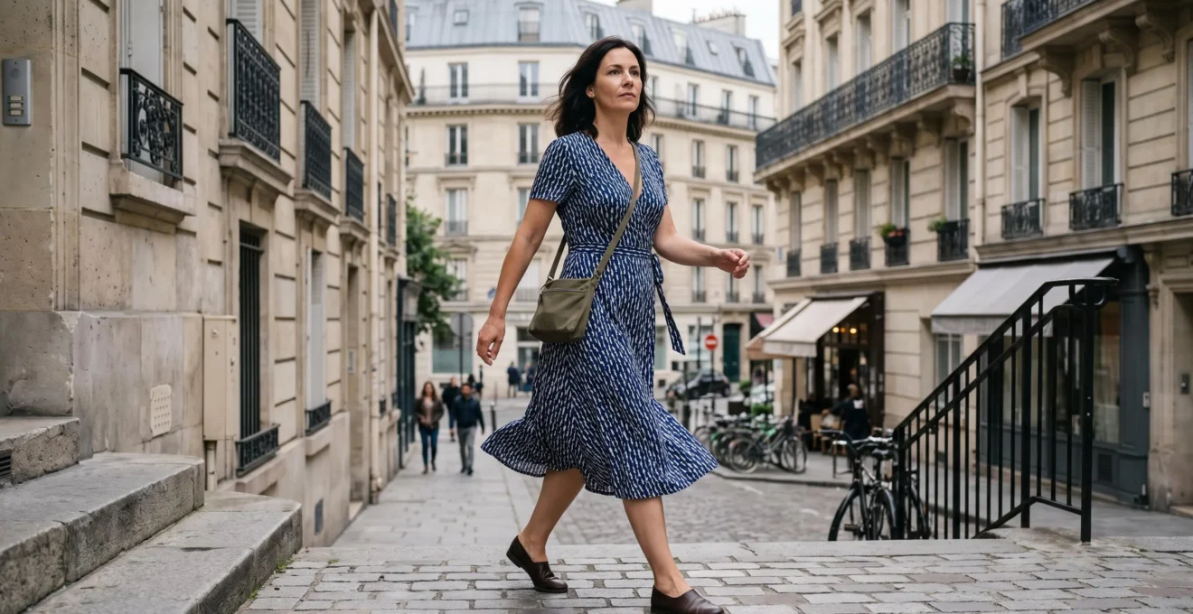 Une femme marche dans une rue française en robe midi fluide, le tissu libérant pleinement son mouvement.