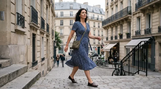 Une femme marche dans une rue française en robe midi fluide, le tissu libérant pleinement son mouvement.