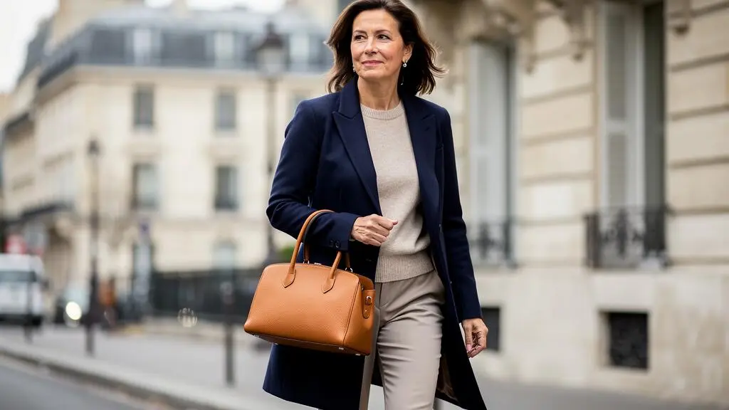 Une femme marche dans une rue urbaine avec un manteau bleu marine et un sac à main en cuir camel porté à la main.