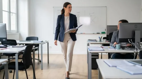 Une femme en blazer matelassé et pantalon élégant traverse un bureau ouvert en apportant un dossier à un collègue assis à son poste de travail.