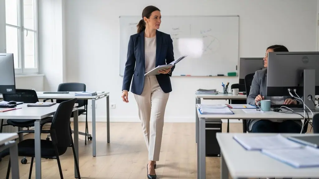 Une femme en blazer matelassé et pantalon élégant traverse un bureau ouvert en apportant un dossier à un collègue assis à son poste de travail.