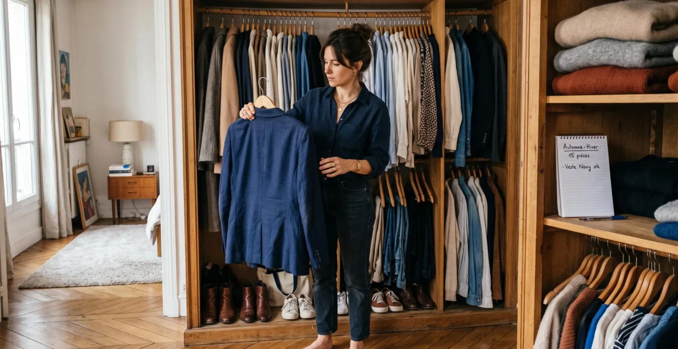 Une femme trie ses vêtements devant une armoire ouverte, comparant une veste sur cintre avec le reste de sa garde-robe organisée par tons.