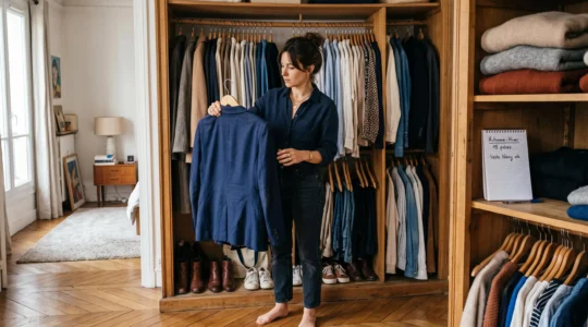 Une femme trie ses vêtements devant une armoire ouverte, comparant une veste sur cintre avec le reste de sa garde-robe organisée par tons.