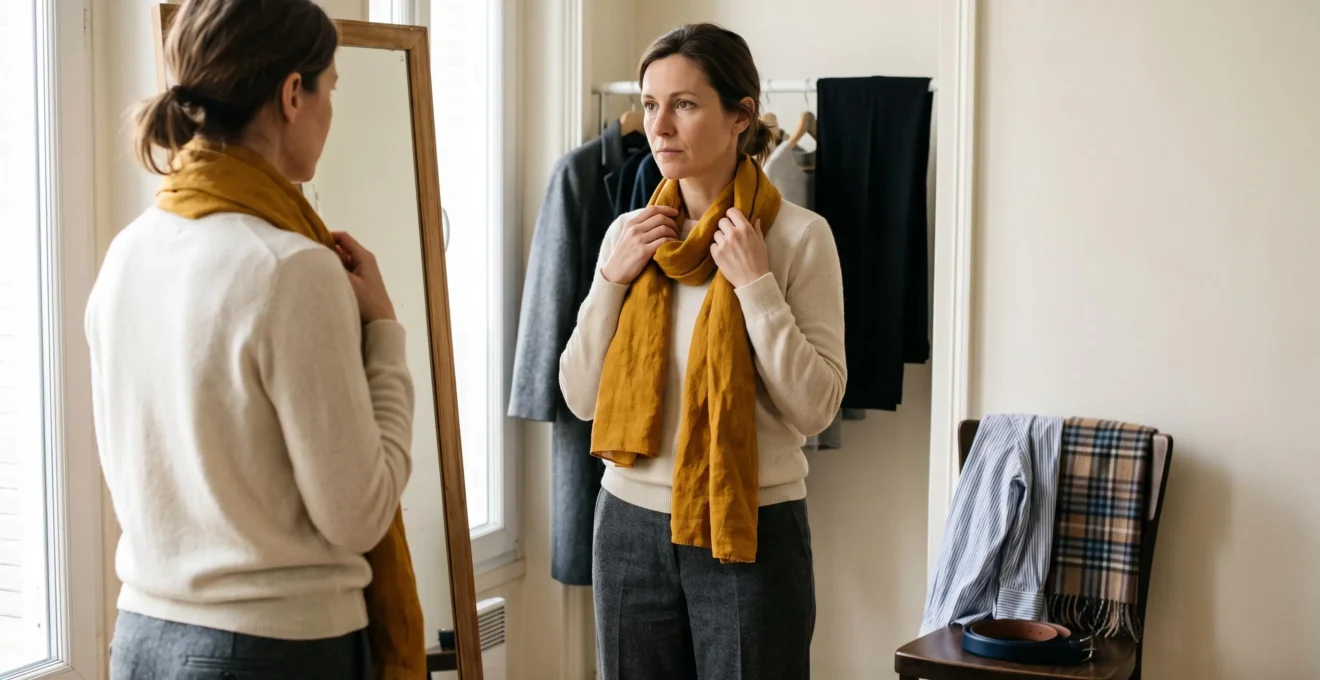 Une femme devant un miroir essaie un foulard ocre avec une tenue sobre composée de pantalon gris et pull crème, quelques vêtements à motifs posés sur une chaise à côté.