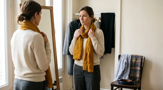 Une femme devant un miroir essaie un foulard ocre avec une tenue sobre composée de pantalon gris et pull crème, quelques vêtements à motifs posés sur une chaise à côté.
