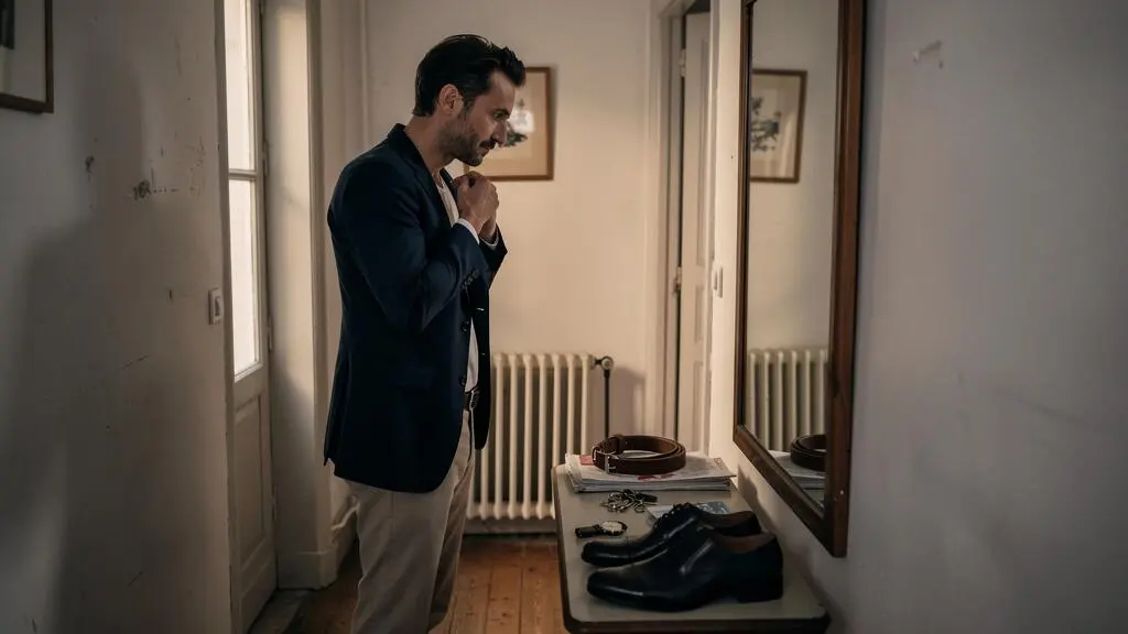 Un homme ajuste le col de sa veste devant un miroir d'entrée, une ceinture en cuir, une montre et des chaussures posées sur une console à côté.