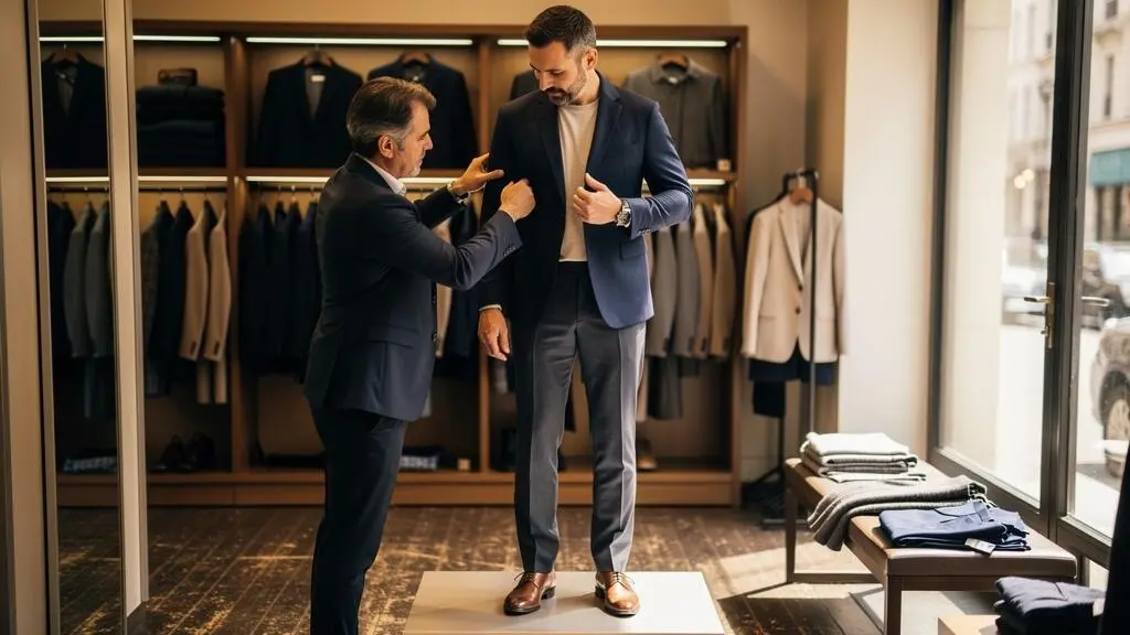 Un homme essaie un blazer bien ajusté dans une boutique masculine tandis qu'un vendeur ajuste la couture de l'épaule.