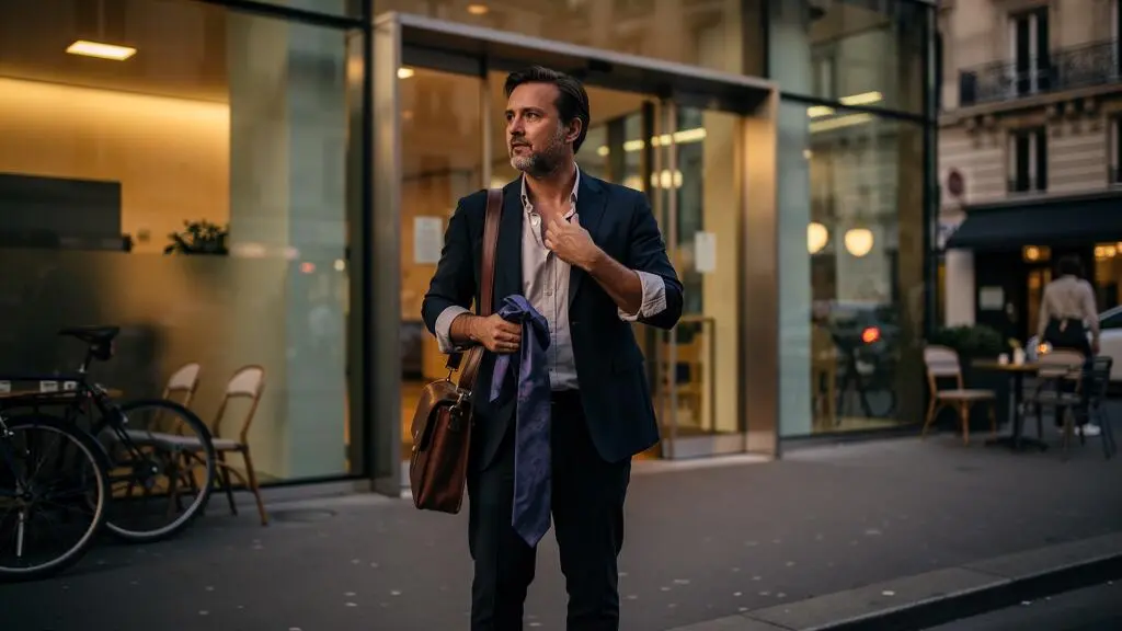 Un homme en blazer marine sort d'un immeuble de bureaux en début de soirée et retire sa cravate, manches retroussées, dans une rue française.
