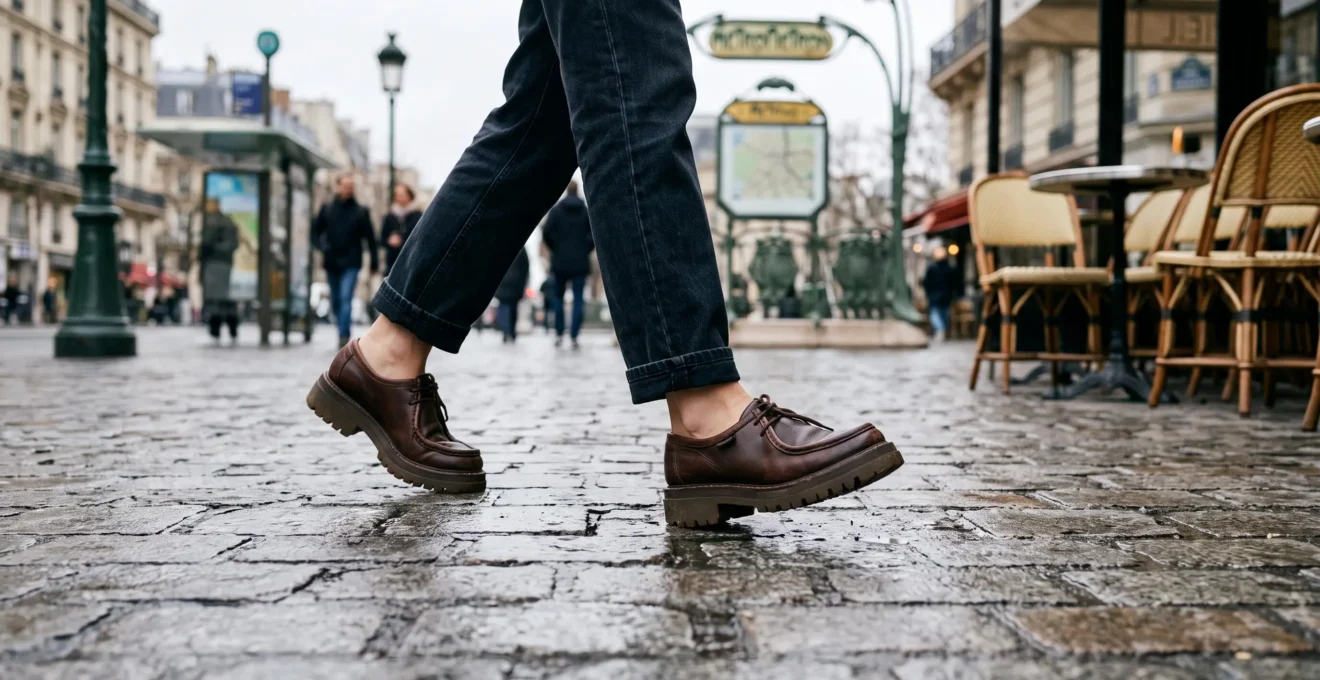 Une femme marche sur un trottoir pavé urbain en portant des mocassins à semelles épaisses, en pleine journée de déplacements en ville.