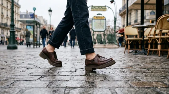Une femme marche sur un trottoir pavé urbain en portant des mocassins à semelles épaisses, en pleine journée de déplacements en ville.