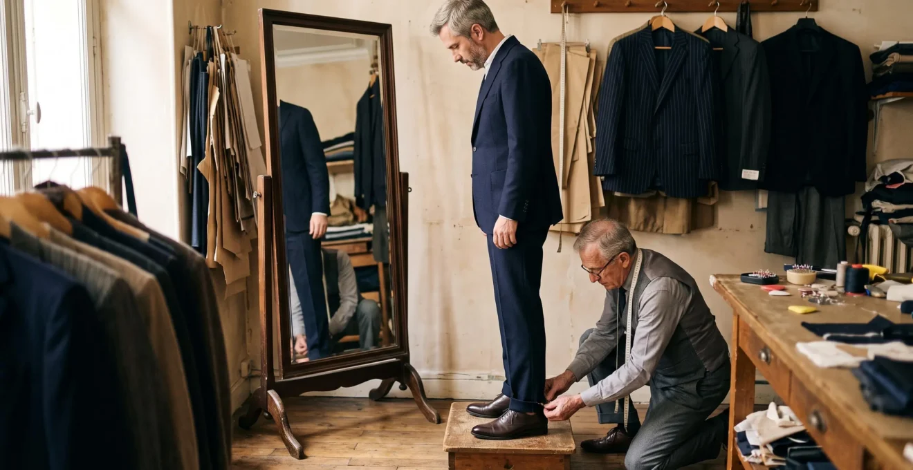 Un tailleur ajuste la longueur du pantalon d'un homme debout devant un miroir dans un atelier de retouche.