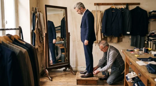 Un tailleur ajuste la longueur du pantalon d'un homme debout devant un miroir dans un atelier de retouche.