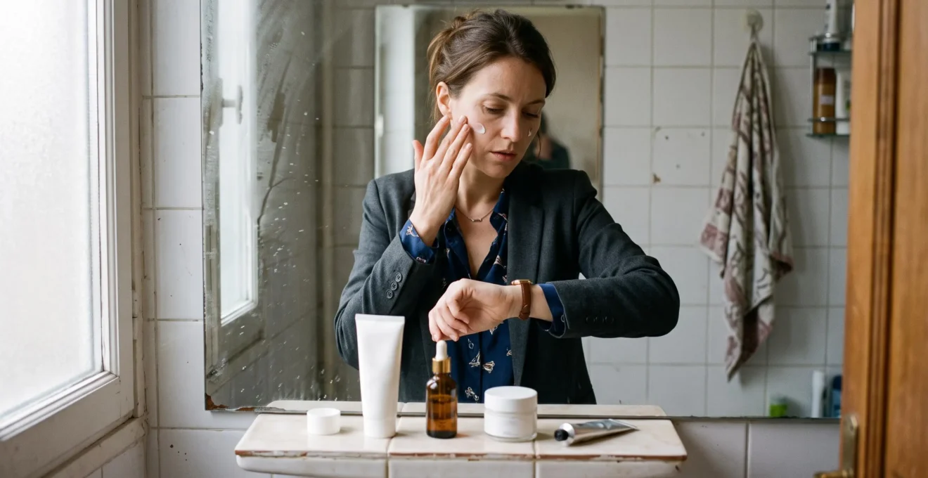 Une femme presse réalise sa routine de soins du matin devant son lavabo, avec seulement quatre produits alignés et un regard vers sa montre.