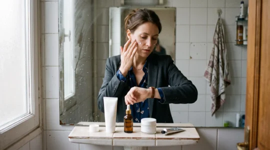 Une femme presse réalise sa routine de soins du matin devant son lavabo, avec seulement quatre produits alignés et un regard vers sa montre.