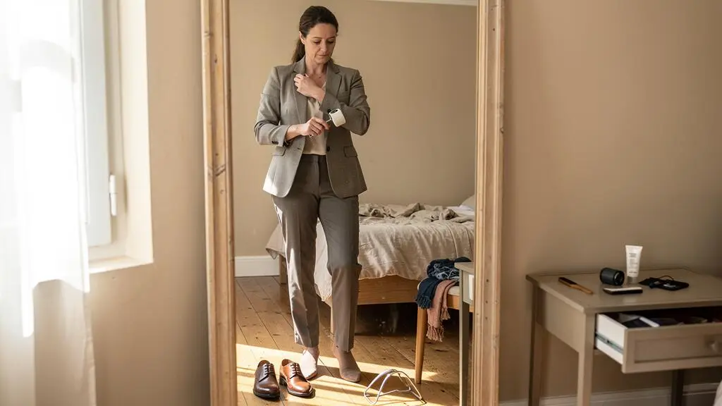 Une femme vérifie le col de sa veste avec un rouleau adhésif devant un miroir, chaussures alignées à ses pieds, avant de sortir.