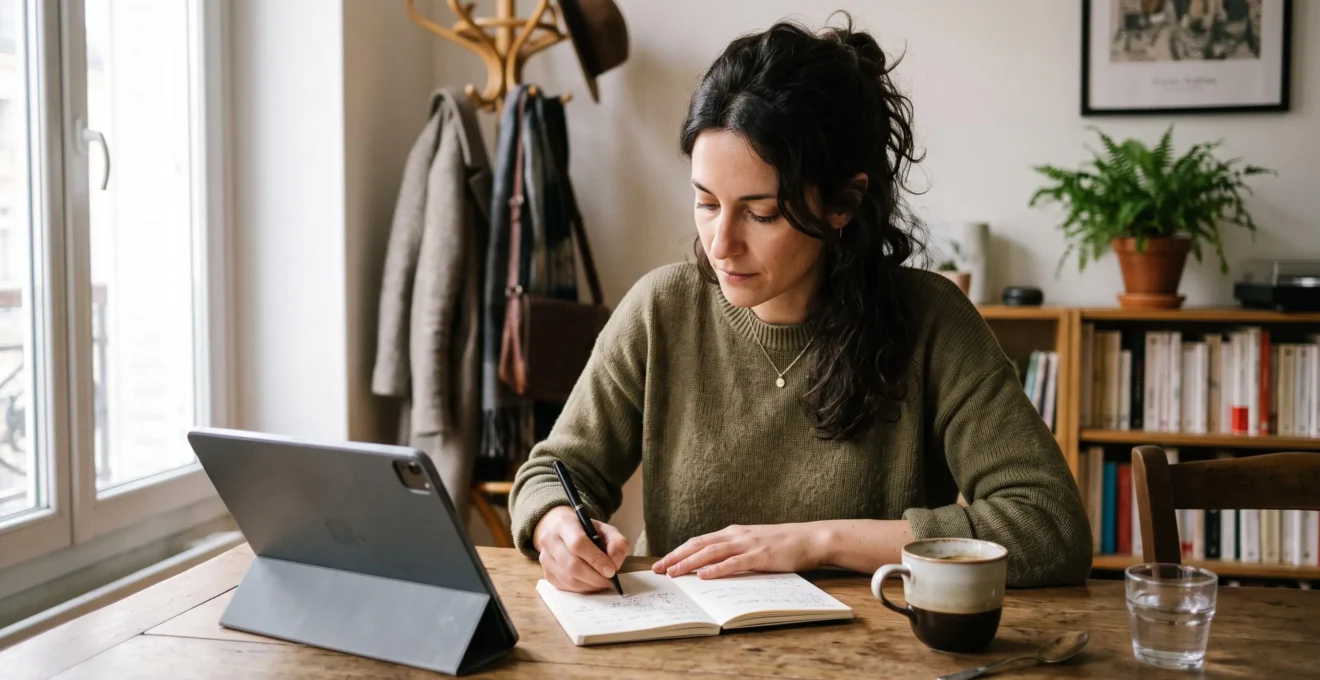 Une femme assise à une table dans un salon lumineux note des idées dans un carnet devant une tablette, lors d'une courte session de veille mode.
