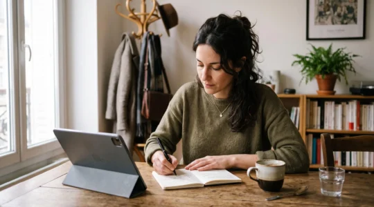 Une femme assise à une table dans un salon lumineux note des idées dans un carnet devant une tablette, lors d'une courte session de veille mode.