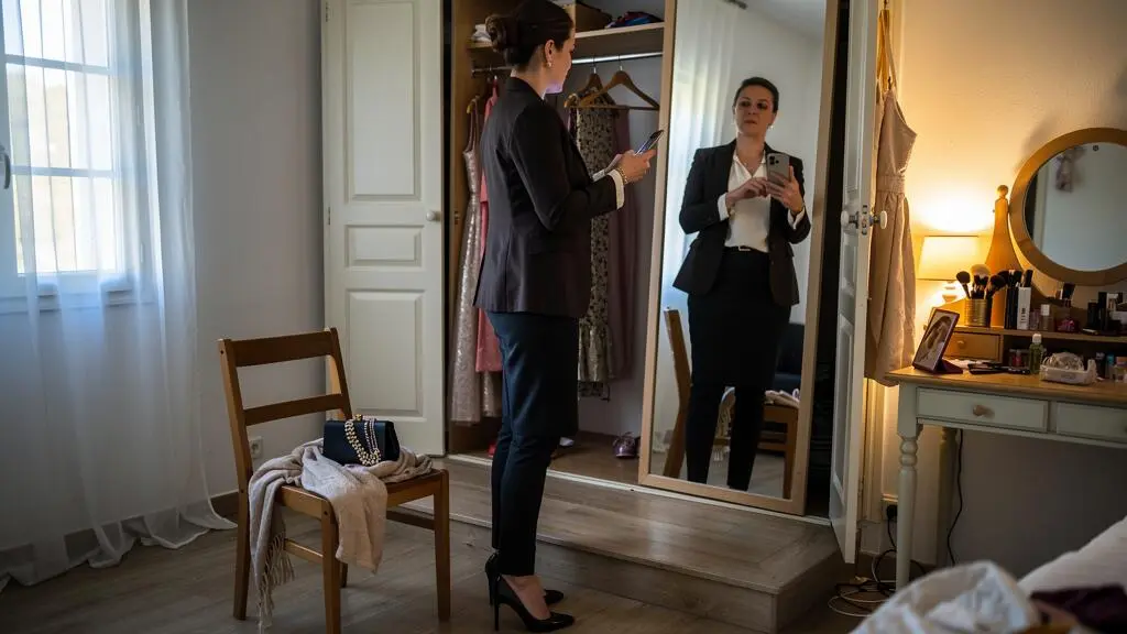 Une femme se photographie en pied avec son téléphone pour tester une tenue d'événement dans une chambre préparée avant le jour J.