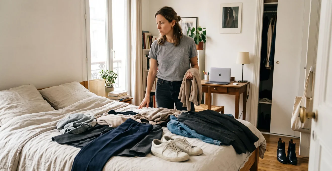 Une femme trie des vêtements sur son lit dans un appartement, entre un bureau avec ordinateur portable et des chaussures de ville près de la porte.