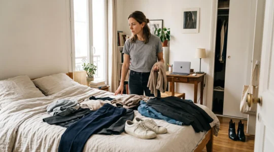 Une femme trie des vêtements sur son lit dans un appartement, entre un bureau avec ordinateur portable et des chaussures de ville près de la porte.