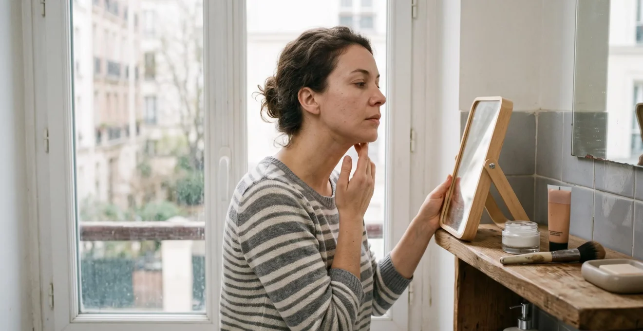 Une femme vérifie la transition de son fond de teint entre la mâchoire et le cou devant une fenêtre en lumière naturelle.