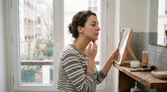 Une femme vérifie la transition de son fond de teint entre la mâchoire et le cou devant une fenêtre en lumière naturelle.